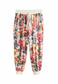 Pantaloni della tuta floreali con vita elasticizzata e coulisse. Presentano fiori rosa, gialli e blu su uno sfondo bianco e polsini elasticizzati.