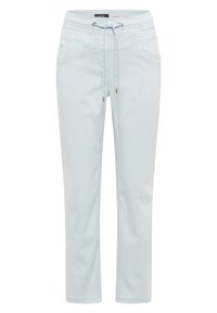 Pantalon décontracté bleu clair avec ceinture élastique, cordon de serrage, poches avant et jambes droites.