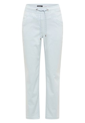 Pantalon décontracté bleu clair avec ceinture élastique, cordon de serrage, poches avant et jambes droites.