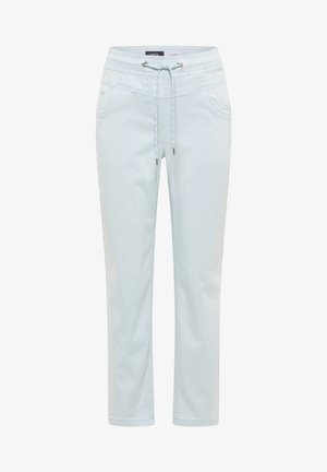 Vaaleansiniset rentoihin tilaisuuksiin sopivat housut, joissa on joustava vyötärönauha, kiristysnyöri, etutaskut ja suorat lahkeet.