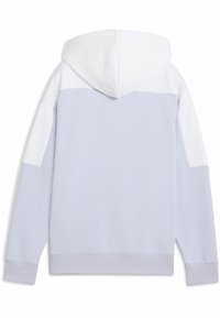 Felpa con cappuccio in blu chiaro e bianco. Presenta un design a blocchi di colore con materiale morbido e polsini a costine. Vestibilità classica, forma rilassata.