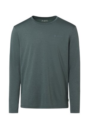 T-shirt à manches longues vert foncé avec col rond, logo Vaude sur le côté gauche de la poitrine, design simple, sans motifs ni caractéristiques supplémentaires.