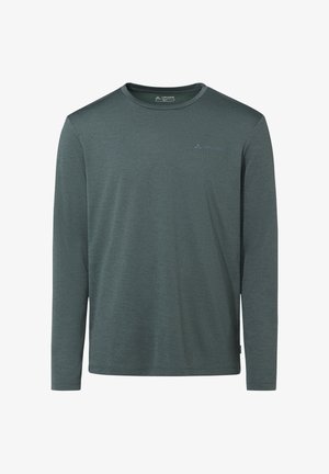 T-shirt à manches longues vert foncé avec col rond, logo Vaude sur le côté gauche de la poitrine, design simple, sans motifs ni caractéristiques supplémentaires.