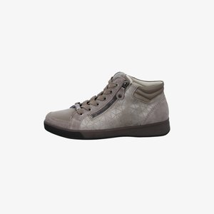 Gray high-top sneaker with geometric pattern, side zipper, padded collar, and lace-up front on black sole, side view.