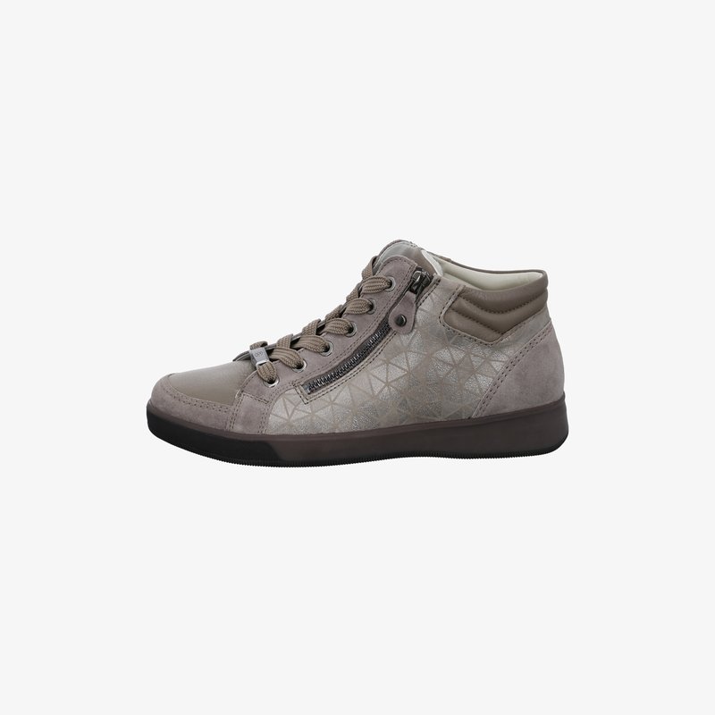 Gray high-top sneaker with geometric pattern, side zipper, padded collar, and lace-up front on black sole, side view.