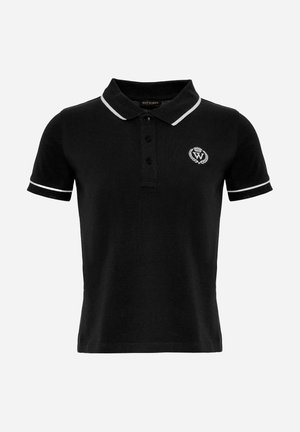 Černé polo tričko vyrobené z bavlny, s límečkem, třemi knoflíky a bílými akcentovými pruhy na límci a rukávech. Vyšívané logo W.