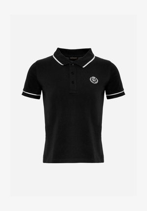 Czarna koszulka polo wykonana z bawełny, z kołnierzykiem, trzema guzikami oraz białymi akcentami na kołnierzyku i rękawach. Haftowane logo W.