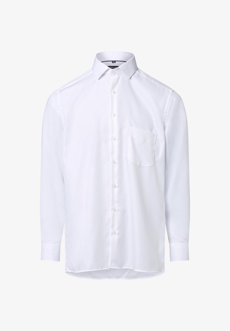 Chemise blanche à manches longues avec boutons, fabriquée dans un tissu lisse, présentant un col pointu, une poche avant et une texture subtile.