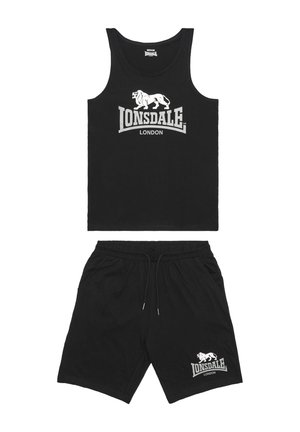Black tank top and shorts set made of cotton. Features a white printed logo and text "Lonsdale London" on both items. Elastic waist on shorts.
