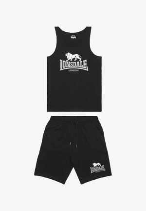 Black tank top and shorts set made of cotton. Features a white printed logo and text "Lonsdale London" on both items. Elastic waist on shorts.