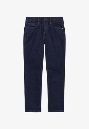 Tmavomodré riflové nohavice s rovnými nohavicami, prednými a zadnými vreckami a viditeľnými stehovými detailmi. Majú zapínanie na gombík a zips.