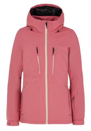 Pink waterproof jacket with a hood, white zipper, zippered pockets, and ventilation holes. Features adjustable cuffs and a smooth texture.