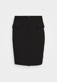 Zwarte pencilrok met drukknoopsluiting aan de voorkant, twee zijzakken en een getailleerd ontwerp. Gemaakt van een gladde stof, met een slank, minimalistich ontwerp.