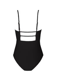 Costume da bagno intero nero con spalline sottili, caratterizzato da un design con schiena scoperta e una texture liscia e elegante. Aperture alte sulle gambe, hardware minimo.
