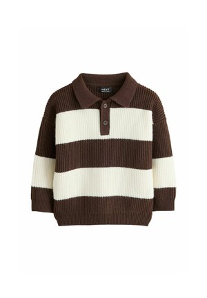 Brauner und elfenbeinfarbener breit gestreifter Strickpullover mit Kragen und zwei Knöpfen auf der Vorderleiste.