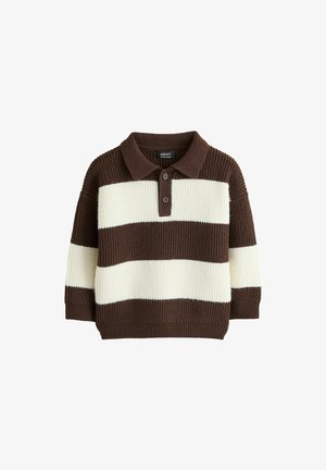 Brauner und elfenbeinfarbener breit gestreifter Strickpullover mit Kragen und zwei Knöpfen auf der Vorderleiste.