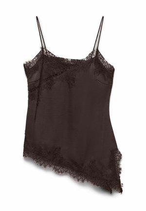 Tamsiai ruda ilginta palaidinė su nėrinių apdaila, reguliuojamomis plonomis petnešėlėmis ir asimetrišku apačios kirpimu, pasižyminti lygiu, šilkinio pojūčio audiniu.