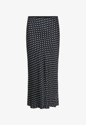 Falda midi negra con lunares blancos, corte recto y cintura elástica.