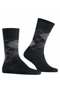 Czarne skarpetki do garnituru z diamentowym wzorem w odcieniach szarości, ozdobione białym przeszyciem. Wykonane z gładkiego, elastycznego materiału.