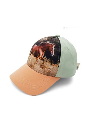 Baseball cap with tan brim, light green sides, and front panel featuring a running brown horse in a field.