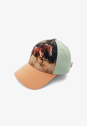 Baseballkappe mit beigem Schirm, hellgrünen Seiten und Vorderteil mit einem laufenden braunen Pferd auf einem Feld.
