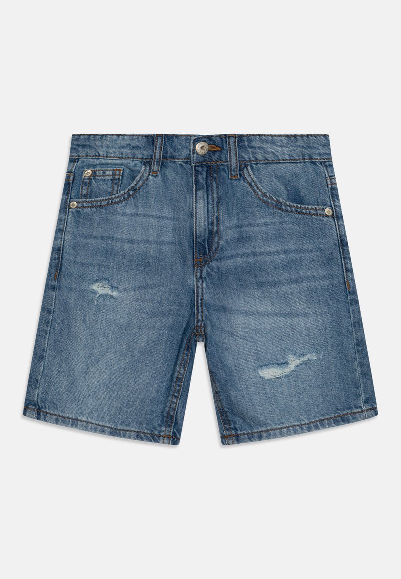 Lys blå denimshorts med slitt finish, som har fem lommer, knappelukking og sømdetaljer.