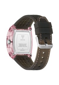 Montre connectée carrée translucide rose avec un bracelet en silicone noir mat comportant des perforations, un dos en acier inoxydable et des accentuations en métal argenté.