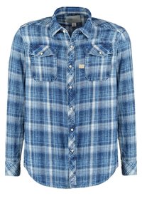 Blå och vit rutigt långärmad skjorta med knappfront och två knäppta bröstfickor, utlagd platt.