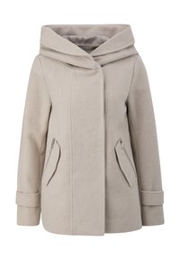 Manteau beige avec capuche, fabriqué en tissu texturé. Comprend des poches latérales en biais et une fermeture à l'avant avec un design élégant de col.