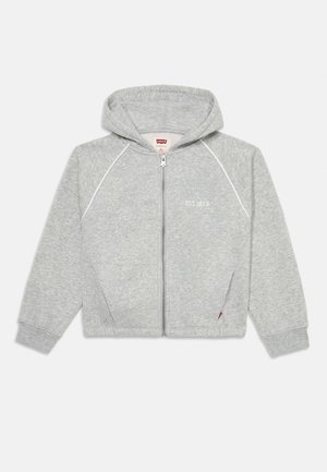 Sweat à zip gris en tissu doux, avec capuche, passepoil blanc et logo 'EST. 1873' sur le côté gauche à l'avant.