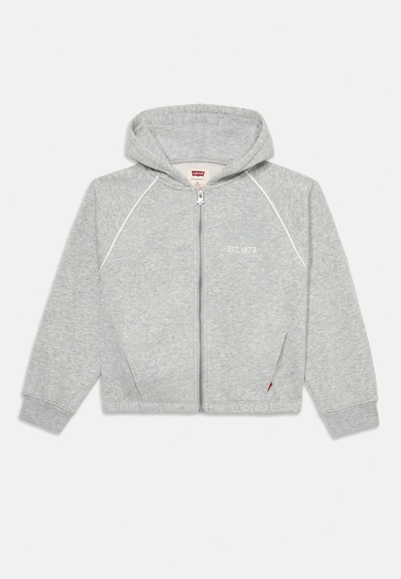 Grauer Reißverschluss-Hoodie aus weichem Stoff, mit Kapuze, weißen Akzenten und dem Logo 'EST. 1873' auf der linken Vorderseite.