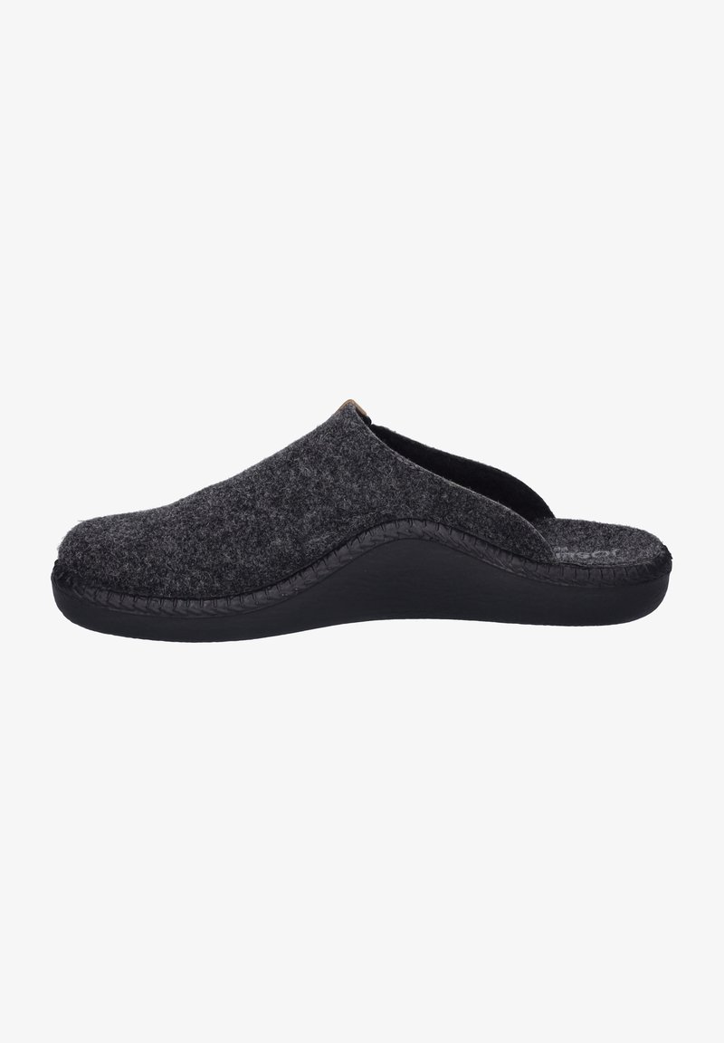 Grå slip-on sko med rund tå, sort gummisål og stikning langs kanten. Letvægtig og enkel design.