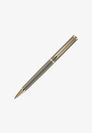 Metallkugelschreiber mit einem matten grauen Gehäuse und glänzenden goldenen Akzenten. Merkmale ein schlankes, zylindrisches Design und eine spitze Mine.