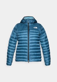 Blauwe pufferjas met gewatteerd ontwerp, capuchon en ritssluiting aan de voorkant. Heeft het logo van The North Face op de linkerkant van de borst en een glad, glanzend textuur.
