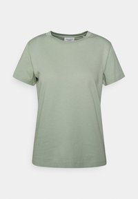 Camiseta de manga corta verde claro hecha de algodón suave. Presenta un cuello redondo clásico y un corte relajado para mayor comodidad. Sin patrones ni acentos visibles.
