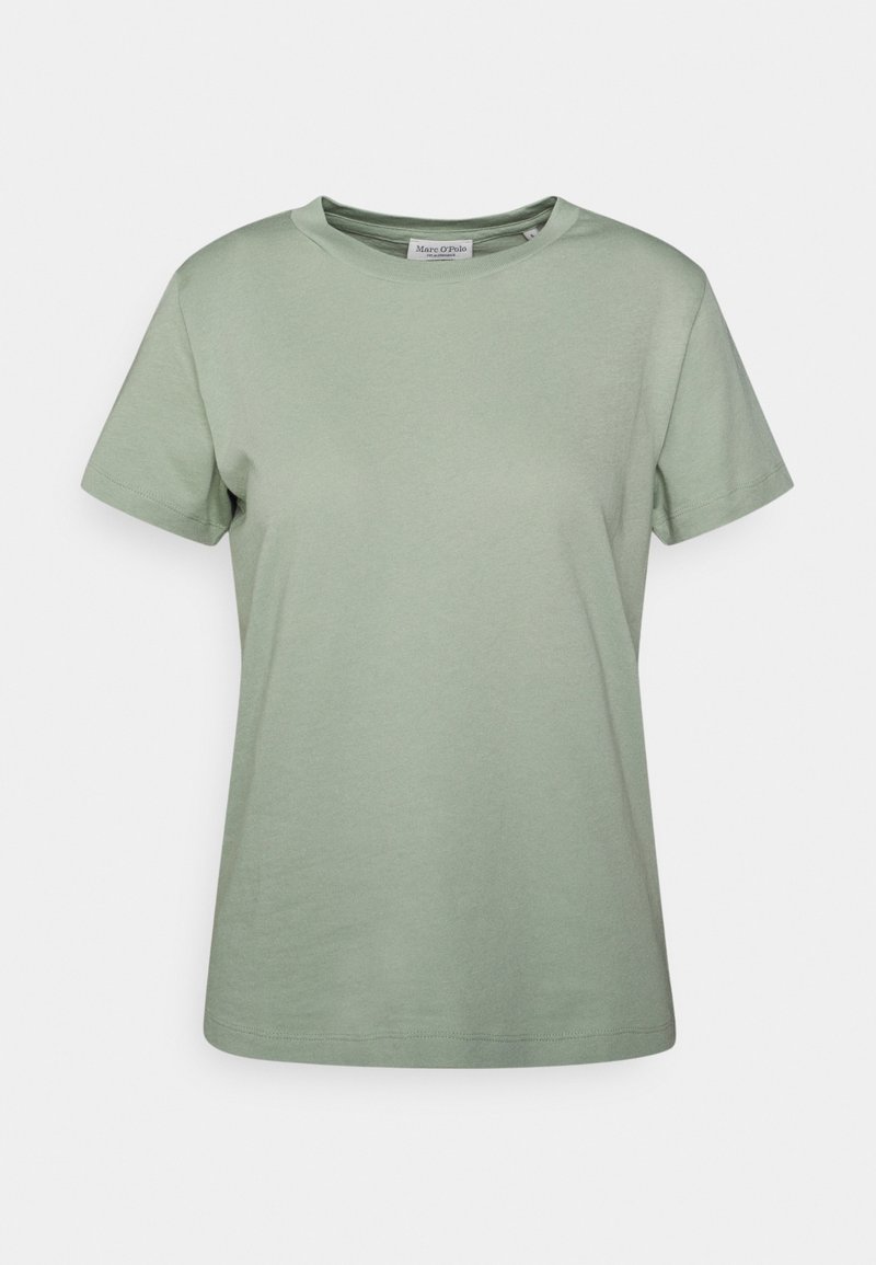 Camiseta de manga corta verde claro hecha de algodón suave. Presenta un cuello redondo clásico y un corte relajado para mayor comodidad. Sin patrones ni acentos visibles.