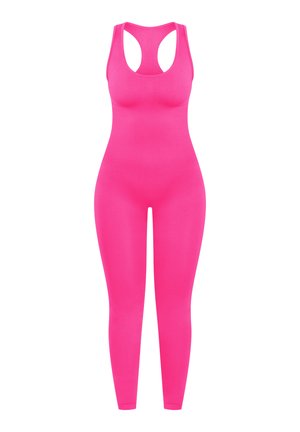 Felroze naadloze dames activewear jumpsuit met een racerback tanktop en strakke leggings.