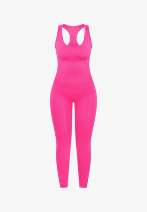 Felroze naadloze dames activewear jumpsuit met een racerback tanktop en strakke leggings.