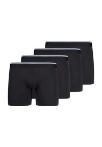 Pantaloni boxer neri in confezione da quattro, con una cintura elastica azzurra chiara e una texture liscia, progettati per offrire comfort e vestibilità.