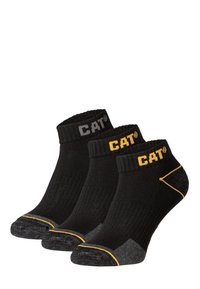 Ensemble de chaussettes noires à boulets avec des sommets côtelés et un talon et un orteil renforcés gris. Logo "CAT" en jaune et gris brodé sur les poignets.