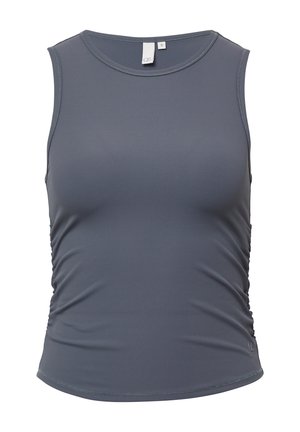 Pilkas be rankovių marškinėlis, pagamintas iš raukšlėtos medžiagos, su apvaliu iškirpimu ir surinktomis šoninėmis detalėmis. Etiketė yra nugaros centre.