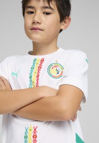 Bela nogometna majica s pisanimi geometrijskimi vzorci v zeleni, rumeni in rdeči barvi. Ima logo in Puma blagovno znamko na levem prsnem delu in rokavu.