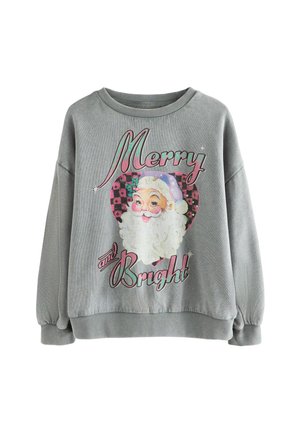 Grauer Sweatshirt mit einem Vintage-Santa-Gesicht, dem Text "Merry and Bright" und einem rot-schwarzen karierten Herz-Hintergrund.