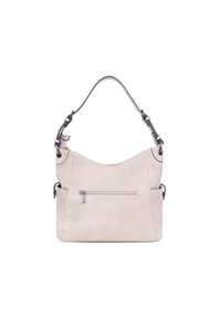Borsa a tracolla sintetica beige con parte superiore curva, tracolla regolabile, tasca frontale con zip e hardware metallico a contrasto. Texture liscia e design minimalista.