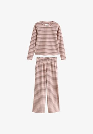 Set de lounge format din bluză cu mâneci lungi și pantaloni roz, cu dungi subțiri orizontale maro și albe, pantaloni cu talie elastică.