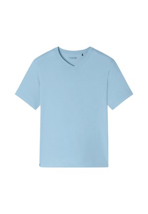Light blue short-sleeve V-neck T-shirt, plain design, laid flat on a white background.