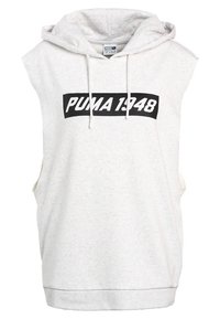 Šedá bezrukávová mikina s kapucí, na přední straně s černým logem "PUMA 1948", vyrobená z měkké bavlněné směsi.