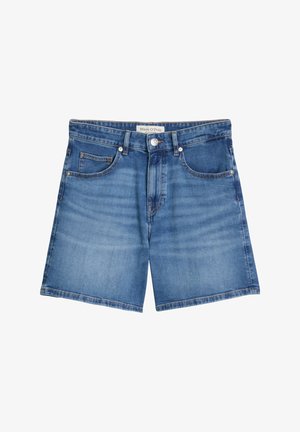 Niebieskie szorty jeansowe z wyblakłym przodem, szlufkami na pasek, zapięciem na guziki oraz przednimi i kieszenią na monety, oznaczone marką Marc O'Polo.