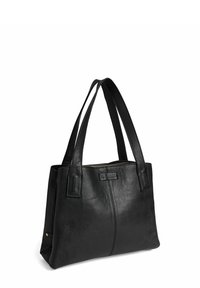 Borsa a tote nera in pelle con doppi manici, forma rettangolare, superficie testurizzata, chiusura con cerniera superiore e logo impresso sul davanti.