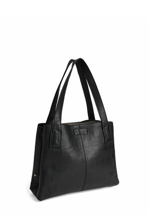 Black leather tote bag with dual handles, rectangular shape, textured surface, top zipper closure, and embossed logo on the front.